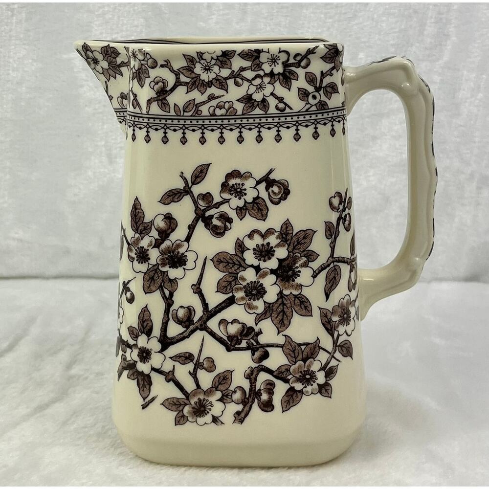 Two's Company Brown Transferware Pitcher 44oz Floral Ceramic Jug Square Rim 7.5"